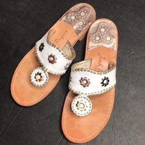 Jack Rogers Sandals Thongs Flip Flops White & Gold Woman’s Size 8